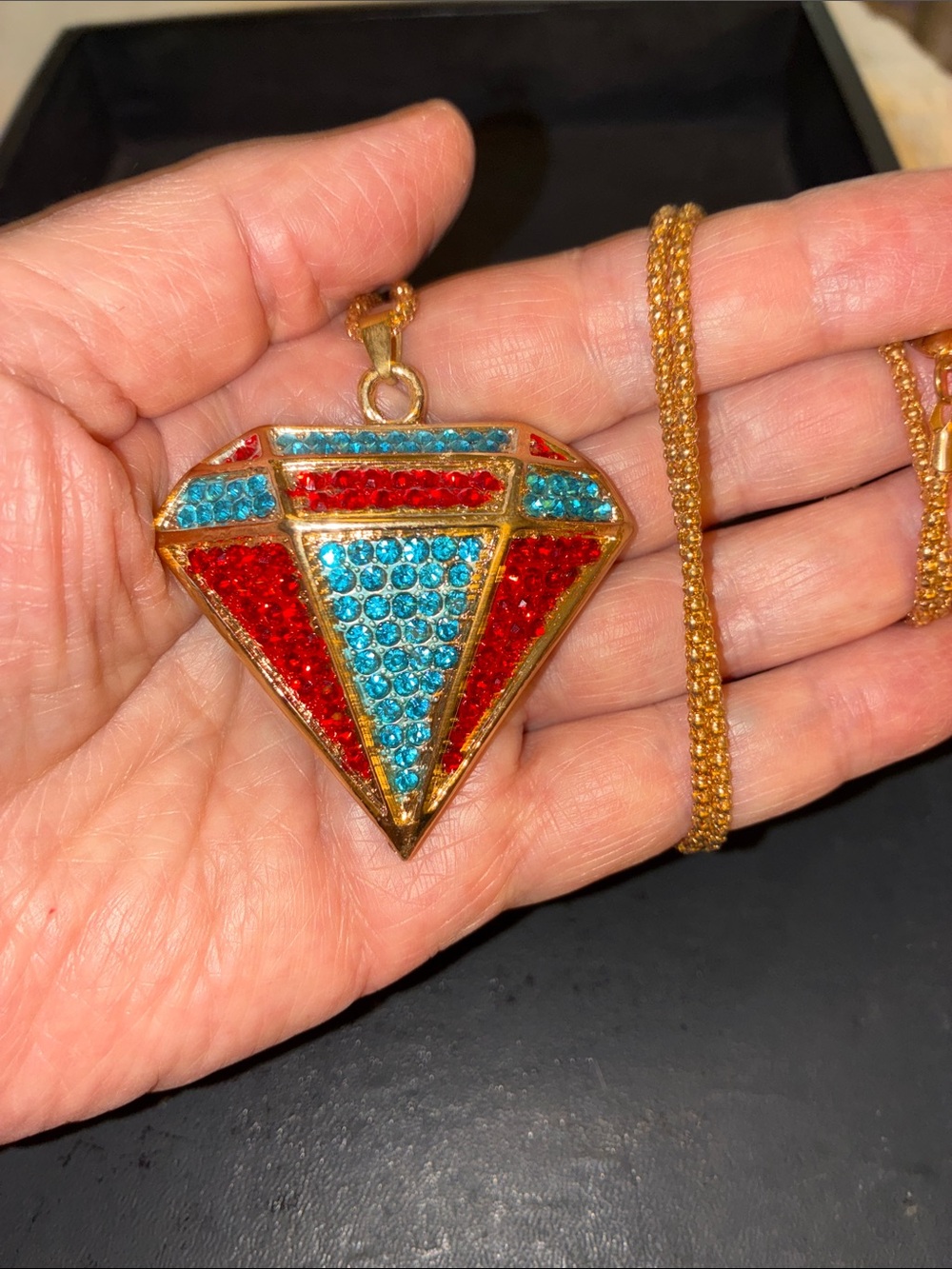 Red and Turquoise Crystal Diamond-Shaped Pendant Wonder Woman Statement Piece.